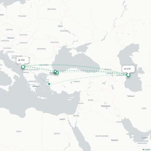 Mapa lotu bezpośredniego Baku – Podgorica
