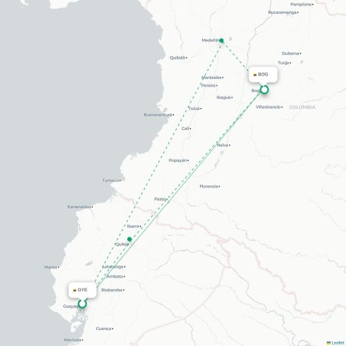 Mapa de vuelo directo Guayaquil - Bogotá
