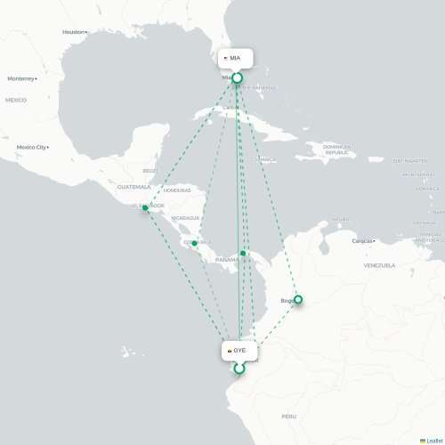 Guayaquil - Miami kaart van rechtstreekse vlucht