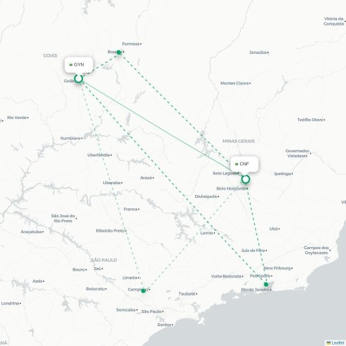 Mapa lotu bezpośredniego Goiânia – Belo Horizonte