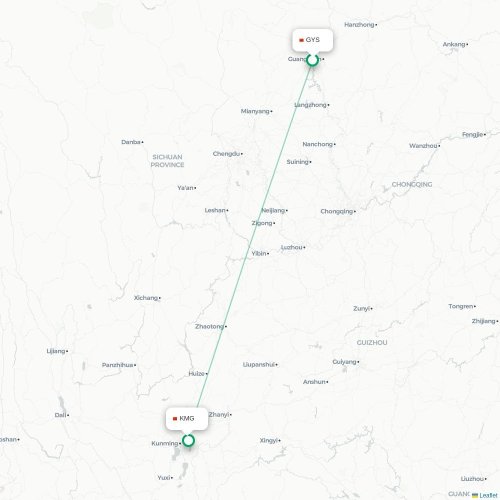 Mapa de vuelo directo Guangyuan - Kunming