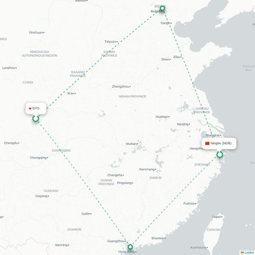 Mapa de vuelo directo Guangyuan - Ningbo