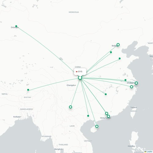 Mapa de vuelo directo Guangyuan - Lhasa