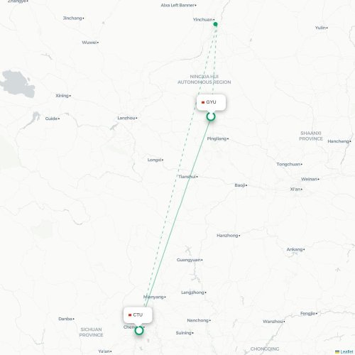 Mapa lotu bezpośredniego Guyuan – Chengdu