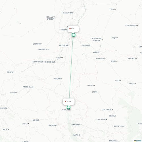 Mapa lotu bezpośredniego Guyuan – Yinchuan