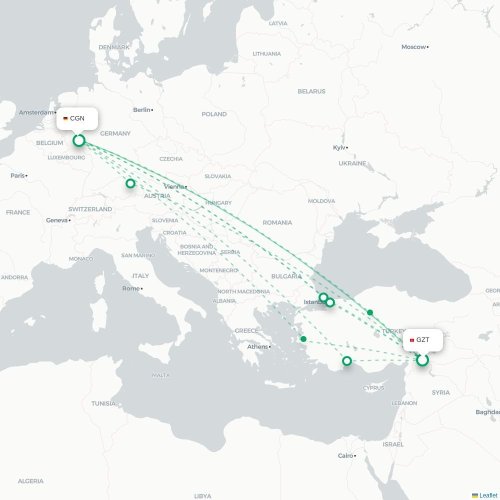 Mapa de vuelo directo Gaziantep - Colonia