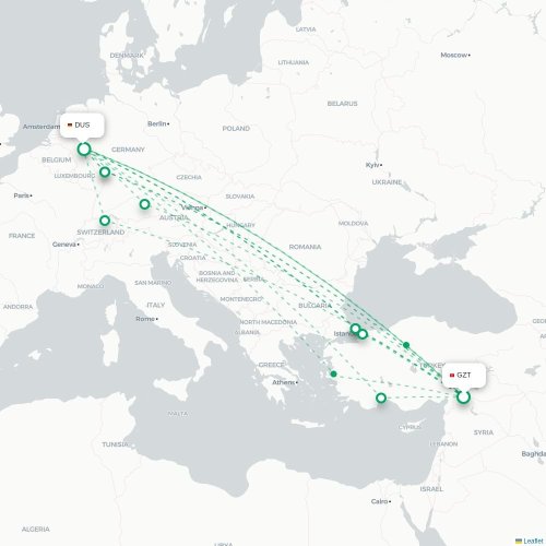 Mapa de vuelo directo Gaziantep - Düsseldorf