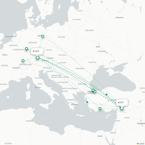 Mapa de vuelo directo Gaziantep - Múnich