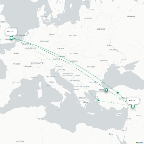Mapa de vuelo directo Gaziantep - Londres