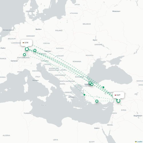 Mapa de vuelo directo Gaziantep - Stuttgart