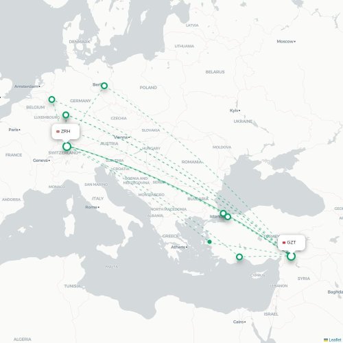 Gaziantep - Zurich karta över direktflyg