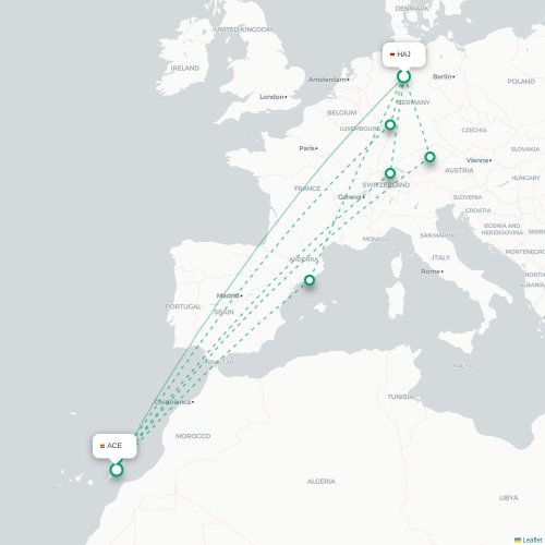 Mapa de vuelo directo Hannover - Arrecife