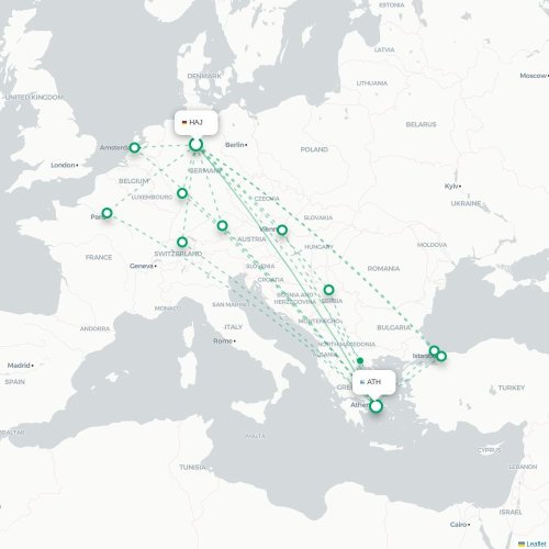 Mapa de vuelo directo Hannover - Atenas