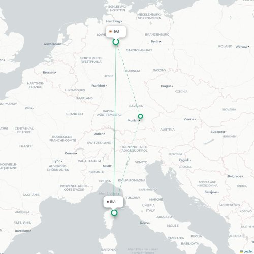Mapa lotu bezpośredniego Hanower – Bastia
