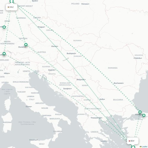Mapa de vuelo directo Hannover - Bodrum