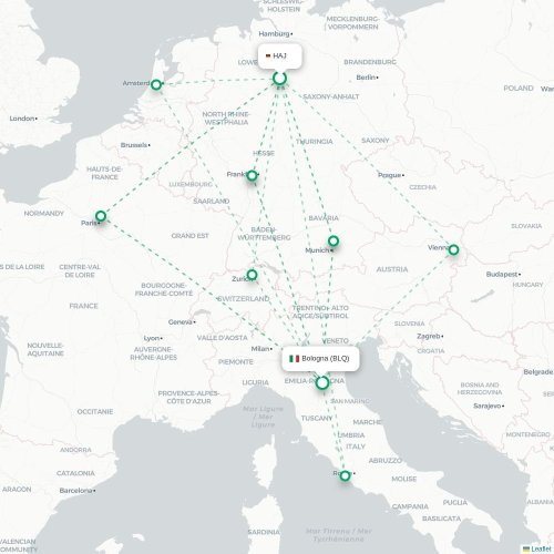 Hannover - Bologna kaart van rechtstreekse vlucht