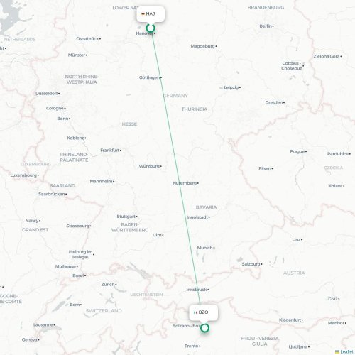 Hannover - Bozen kaart van rechtstreekse vlucht