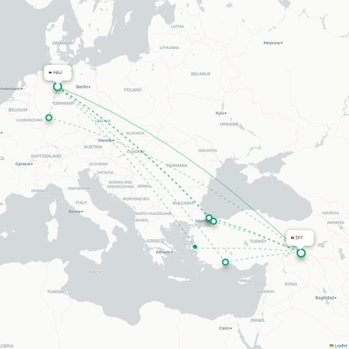 Mapa de vuelo directo Hannover - Diyarbakır
