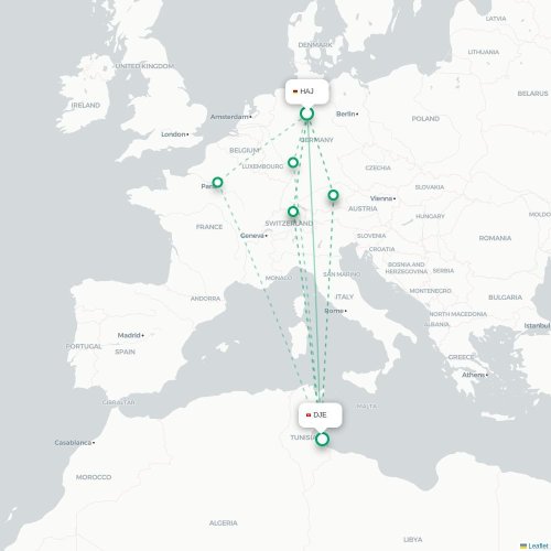 Mapa lotu bezpośredniego Hanower – Houmt Souk