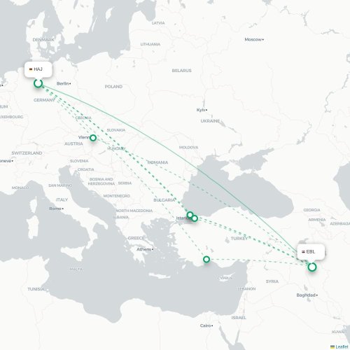 Mapa de vuelo directo Hannover - Erbil