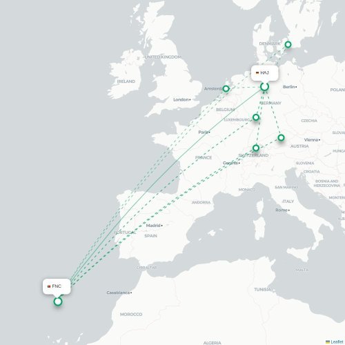 Mapa de vuelo directo Hannover - Funchal