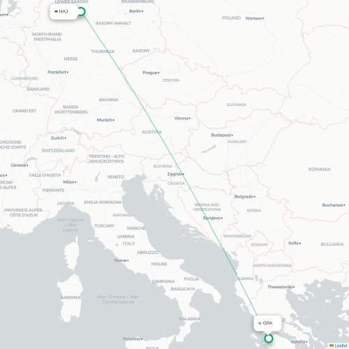 Mapa de vuelo directo Hannover - Patrás Occidental