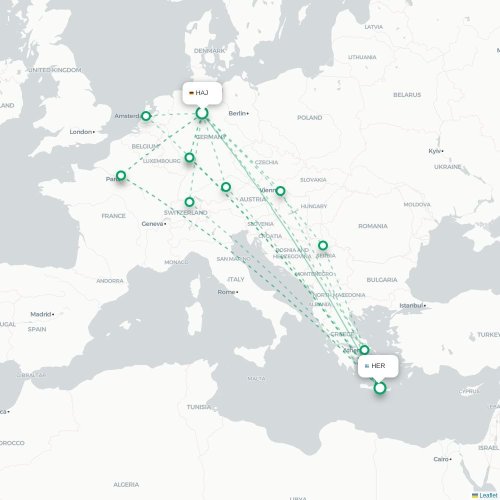 Mapa de vuelo directo Hannover - Heraclión