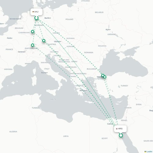 Mapa lotu bezpośredniego Hanower – Hurghada