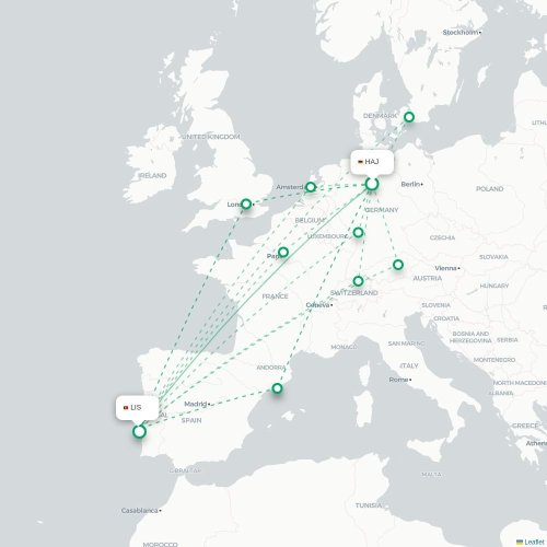 Hanover - Lissabon karta över direktflyg