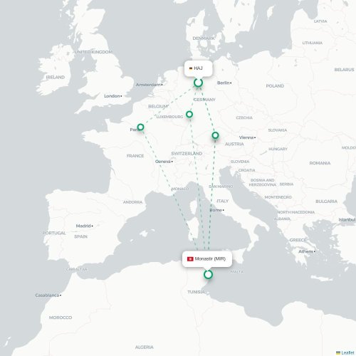 Mapa lotu bezpośredniego Hanower – Monastyr
