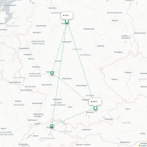 Mapa lotu bezpośredniego Hanower – Monachium