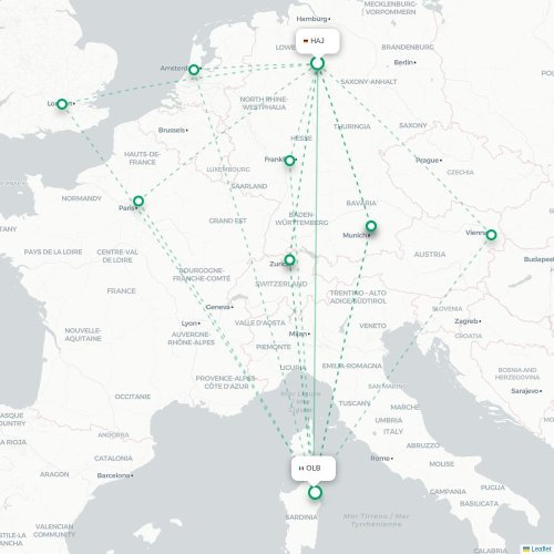 Hannover - Olbia kaart van rechtstreekse vlucht