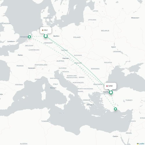 Mapa de vuelo directo Hannover - Estambul