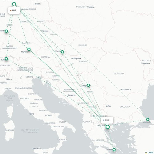 Mapa de vuelo directo Hannover - Salónica