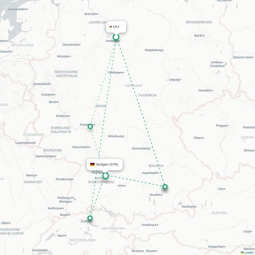 Mapa lotu bezpośredniego Hanower – Stuttgart