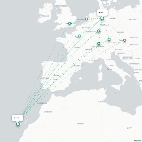 Mapa de vuelo directo Hannover - Granadilla de Abona