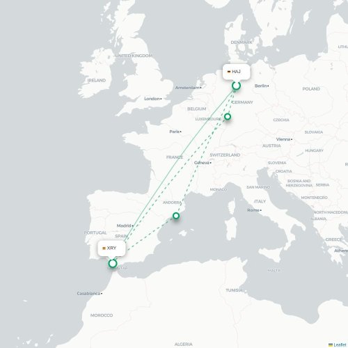 Mapa de vuelo directo Hannover - Jerez de la Frontera