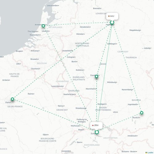 Mapa de vuelo directo Hannover - Zúrich