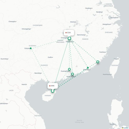 Mapa lotu bezpośredniego Haikou – Changsha