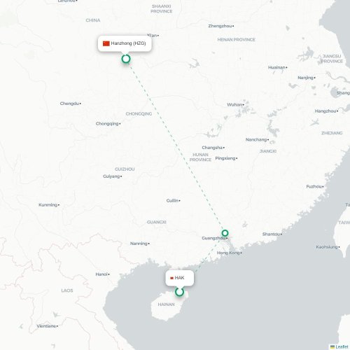 Mapa lotu bezpośredniego Haikou – Hanzhong