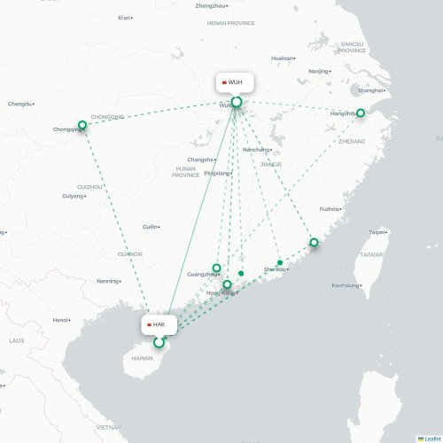 Mapa lotu bezpośredniego Haikou – Wuhan