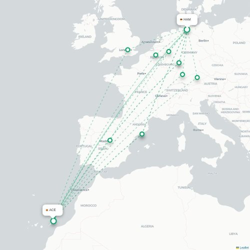 Mapa de vuelo directo Hamburgo - Arrecife