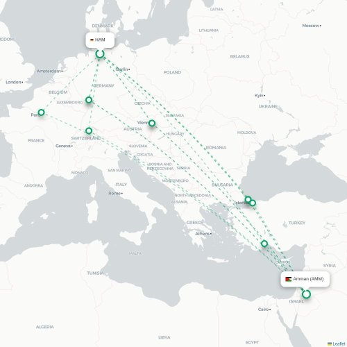 Hamburg - Amman karta över direktflyg