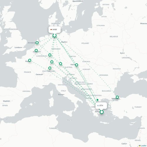 Mapa de vuelo directo Hamburgo - Atenas