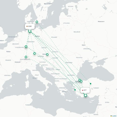 Mapa de vuelo directo Hamburgo - Antalya