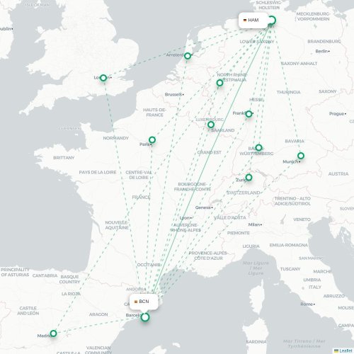 Mapa de vuelo directo Hamburgo - Barcelona