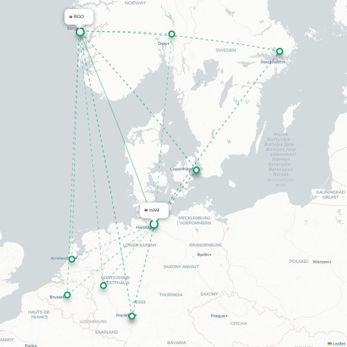 Mapa de vuelo directo Hamburgo - Bergen
