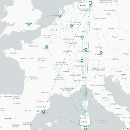 Mapa de vuelo directo Hamburgo - Cagliari