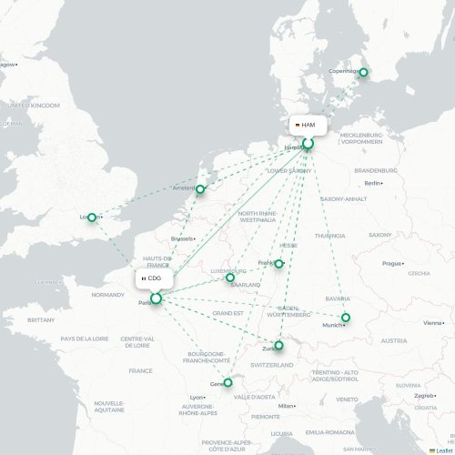 Mapa de vuelo directo Hamburgo - París