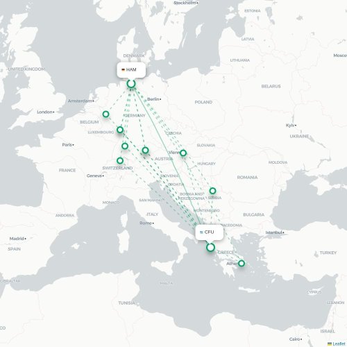 Mapa de vuelo directo Hamburgo - Corfú, Corfú